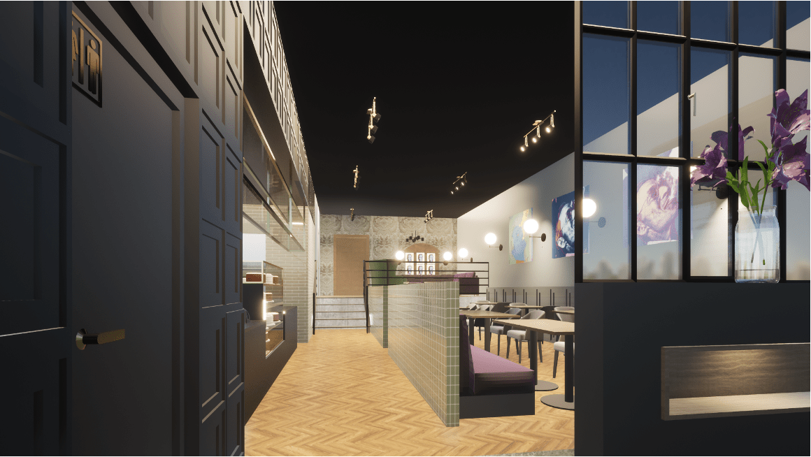 geplante und Visualisierte Ansicht eines Restaurants mit Showküche